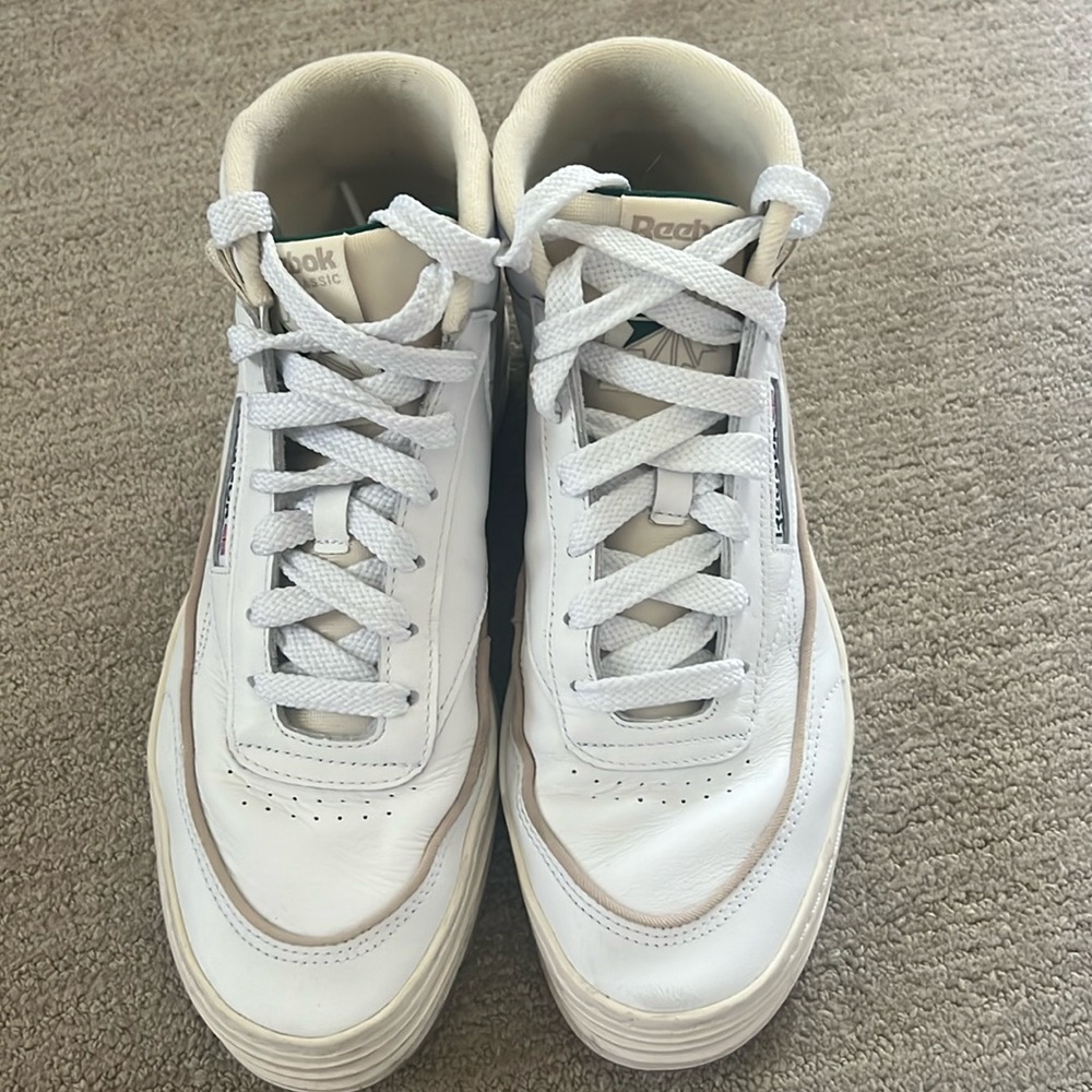 High top Reebok sneaker - white and cream with forest green details!